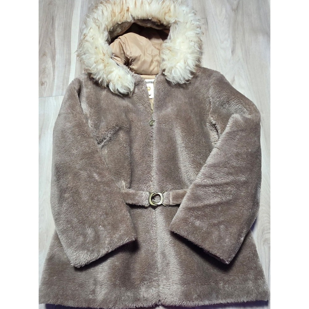 Vintage White Stag Women's Hooded Faux Fur Coat with Lamb Fur Trim